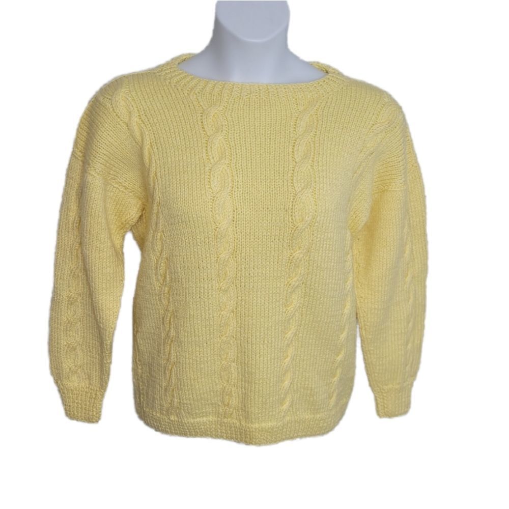 VINTAGE 80s yellow sweater handmade cable knit‎ crew neck M